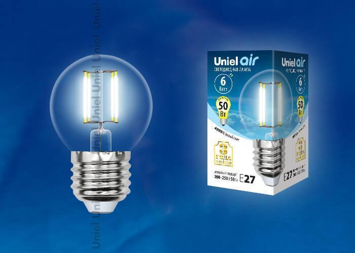 Картинка Лампа светодиодная филаментная Uniel E27 6W 4000K прозрачная LED-G45-6W/NW/E27/CL GLA01TR