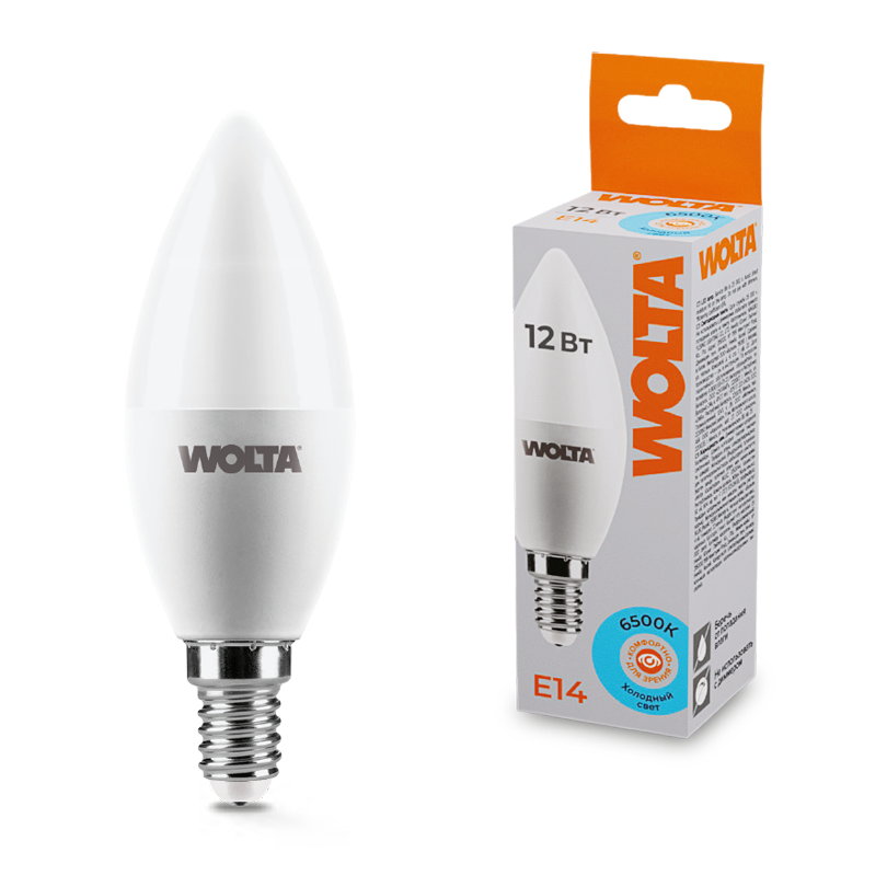 Картинка Светодиодная лампа WOLTA 25WC12E14  Свеча  C37 12Вт 1050лм 6500К Е14 1/50