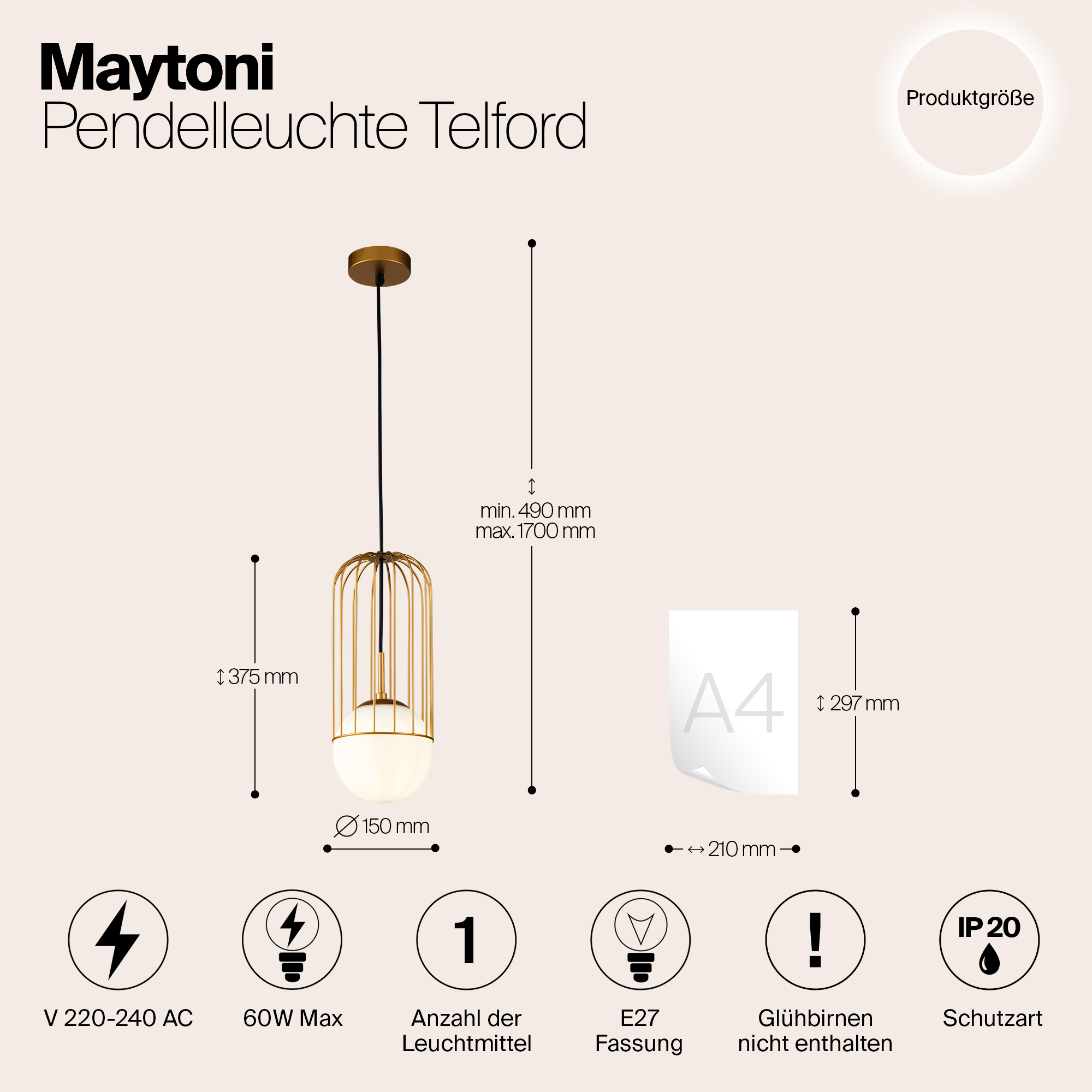 Дополнительная картинка Подвесной светильник Maytoni Telford P362PL-01G