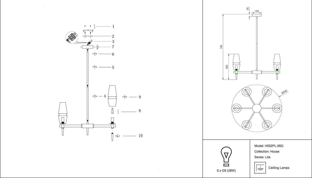 Дополнительная картинка Подвесная люстра Maytoni Lita H002PL-06G