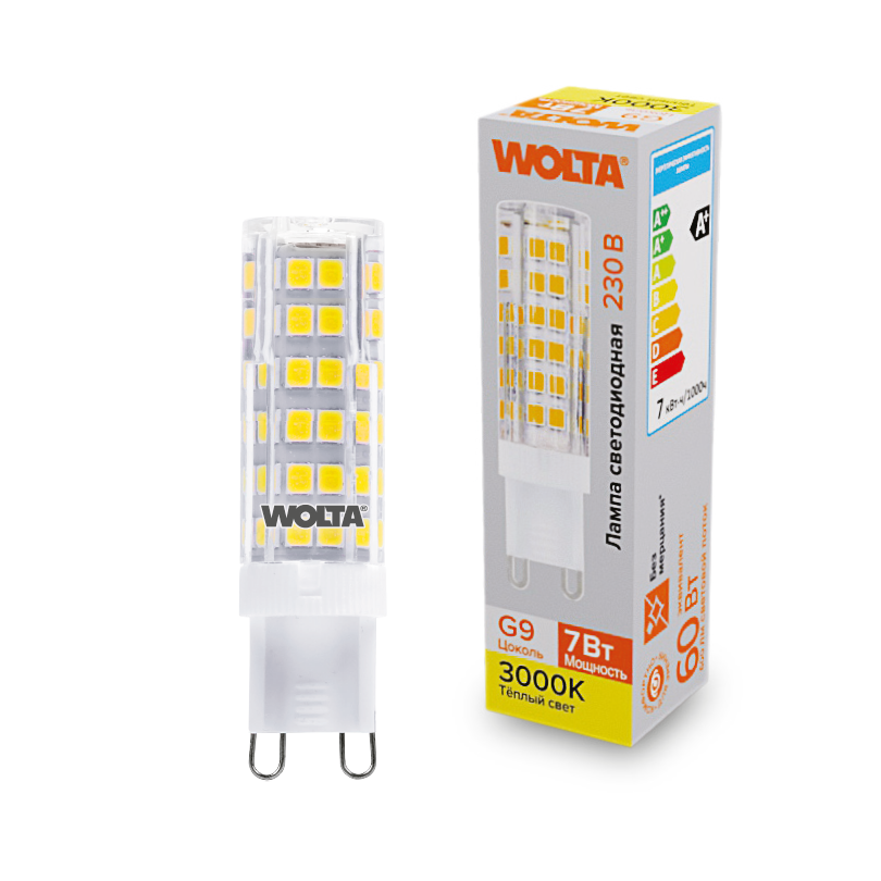 Картинка "Светодиодная лампа  WOLTA WSTD-JCD-7W3KG9-C (керамика) ""Капсульная"" JCD 7Вт 600лм 3000K G9 1/10/100/1000"