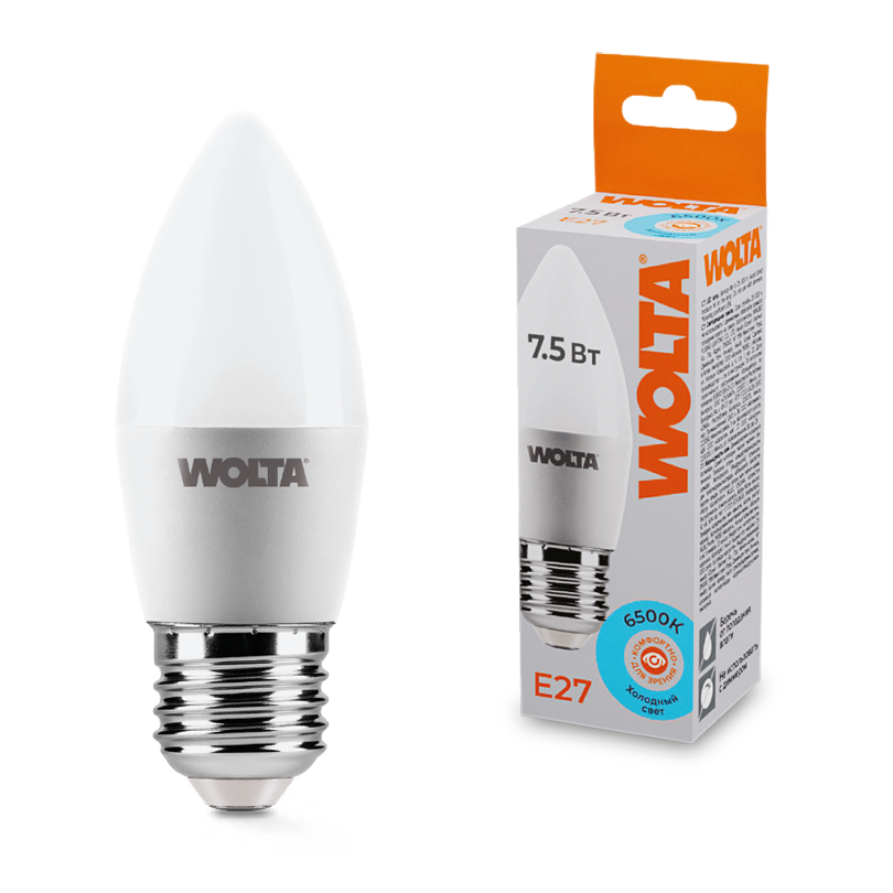 Картинка Светодиодная лампа WOLTA 25WC7.5E27   Свеча   C37 7.5Вт 625лм 6500К Е27 1/50