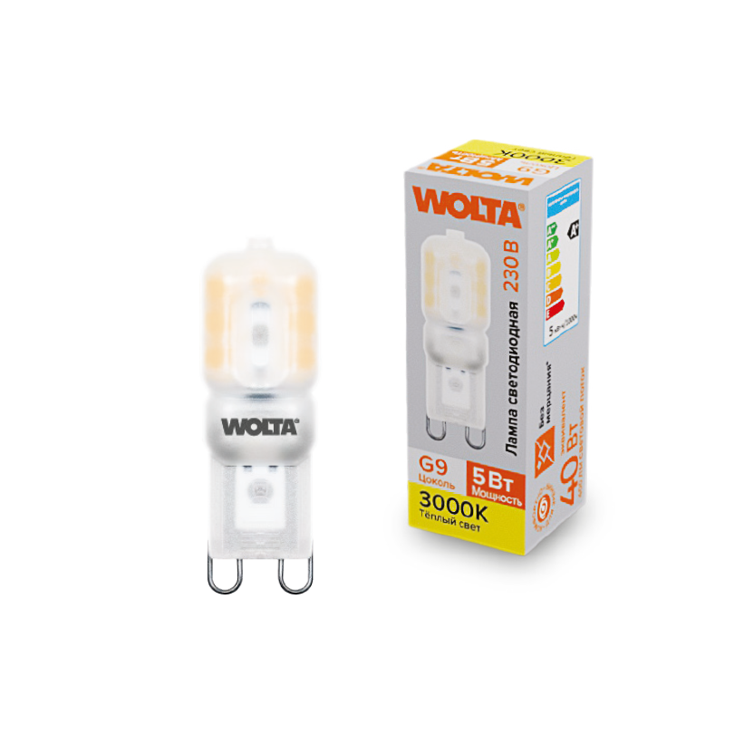 Картинка "Светодиодная лампа  WOLTA WSTD-JCD-5W3KG9-P (пластик) ""Капсульная"" JCD 5Вт 460лм 3000K G9 матовая 1/10/100/1000"