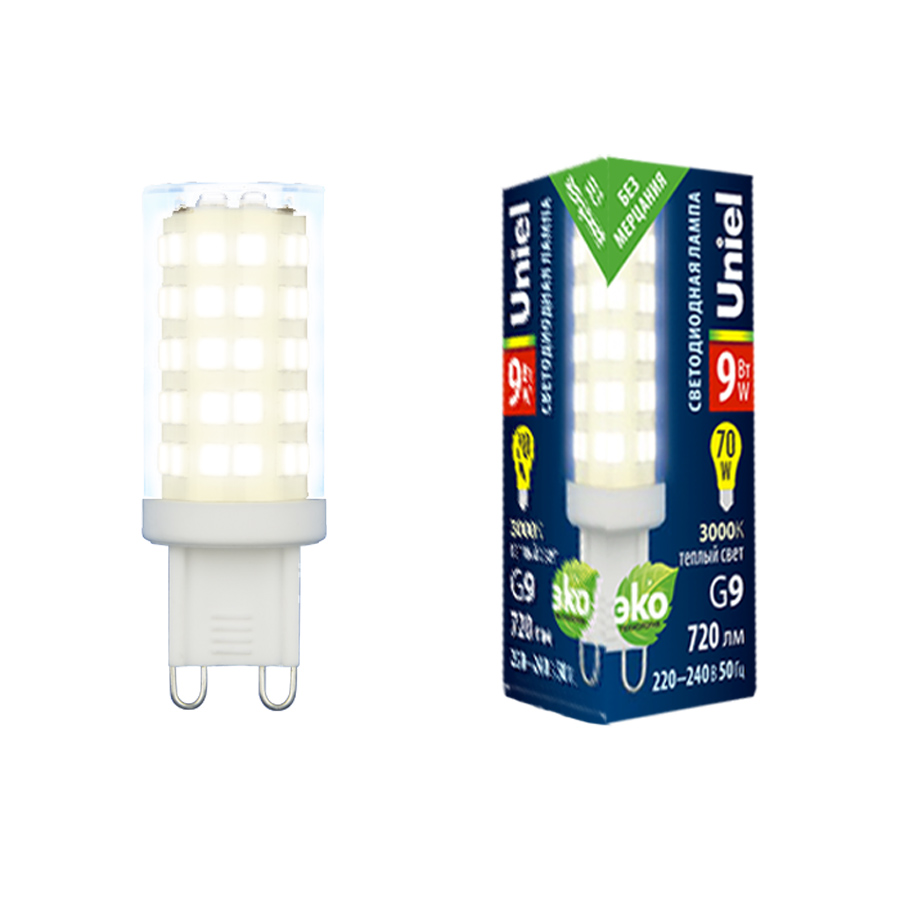 Картинка Лампочка светодиодная Uniel LED-JCD-9W/3000K/G9/CL GLZ09TR 126935