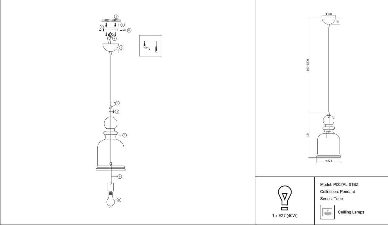 Дополнительная картинка Подвесной светильник Maytoni Tone P002PL-01BZ