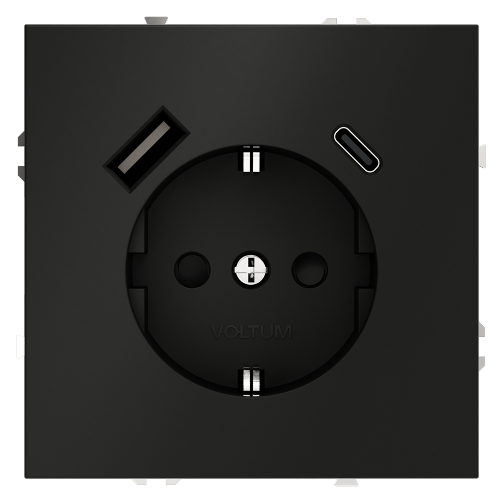 Розетка встраиваемая VOLTUM S70 с заземлением и защитными шторками, 16А, с USB, A+С, (черный матовый) VLS040508 