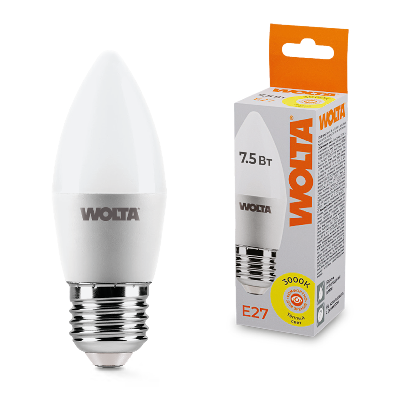 Картинка Светодиодная лампа WOLTA 25YC7.5E27   Свеча   C37 7.5Вт 625лм 3000К Е27 1/50