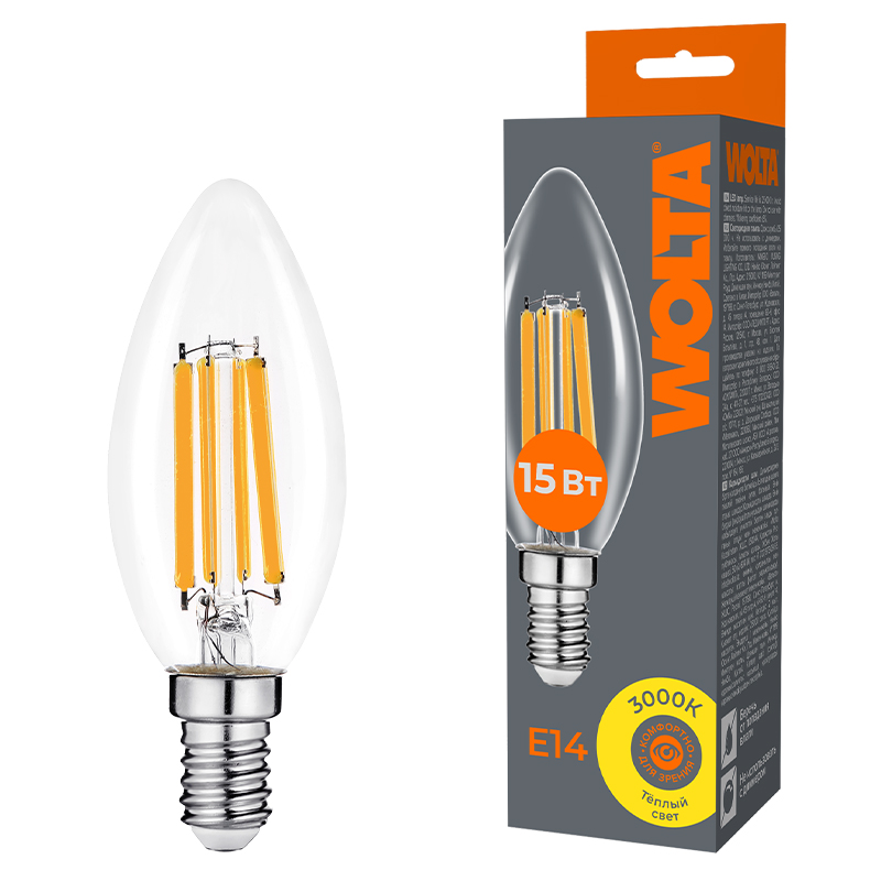 Светодиодная лампа WOLTA FILAMENT WF-C35-15W3KE14 купить в Алматы svet.kz