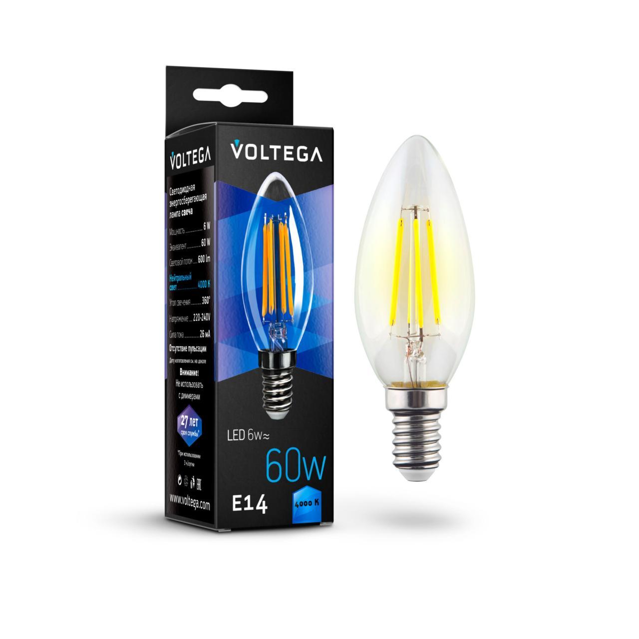 Картинка Лампа светодиодная филаментная Voltega E14 6W 4000К прозрачная VG10-C1E14cold6W-F 7020
