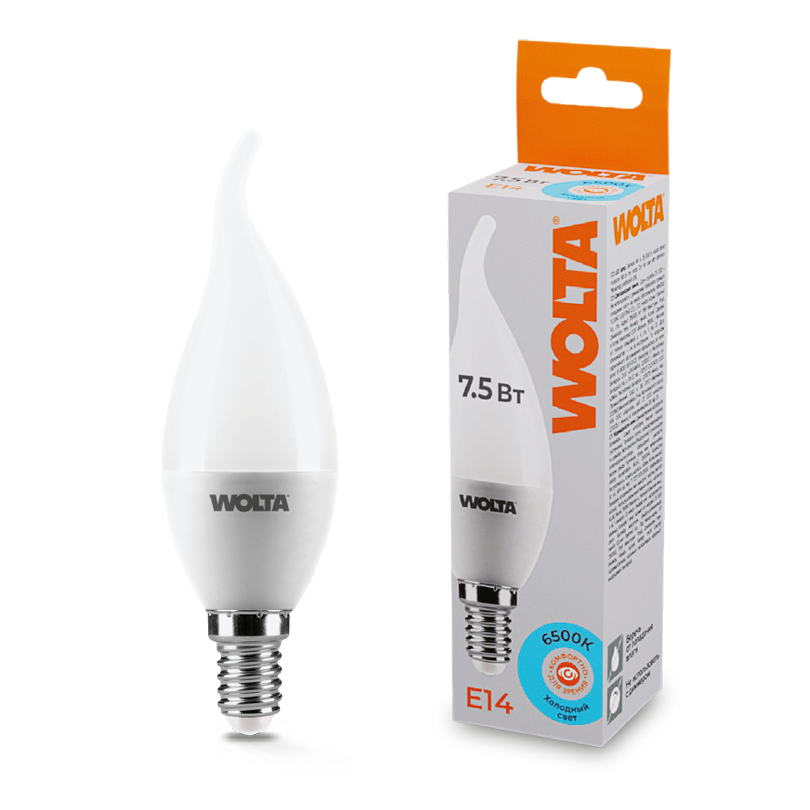 Картинка Светодиодная лампа WOLTA 25WCD7.5E14   Свеча на ветру   CD37 7.5Вт 625лм 6500К Е14  1/50