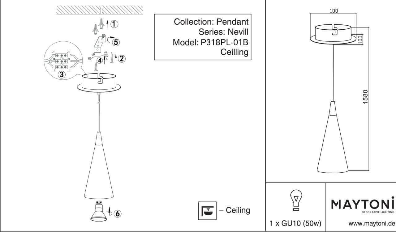 Дополнительная картинка Подвесной светильник Maytoni Nevill P318PL-01B