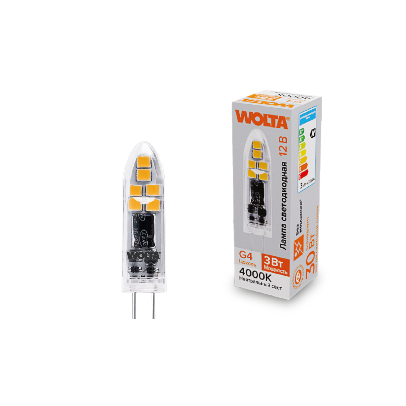 Картинка "Светодиодная лампа  WOLTA WSTD-JC-12V3W4KG4-P (пластик)  ""Капсульная"" JC 3Вт 240лм 4000K G4 1/10/100/1000"