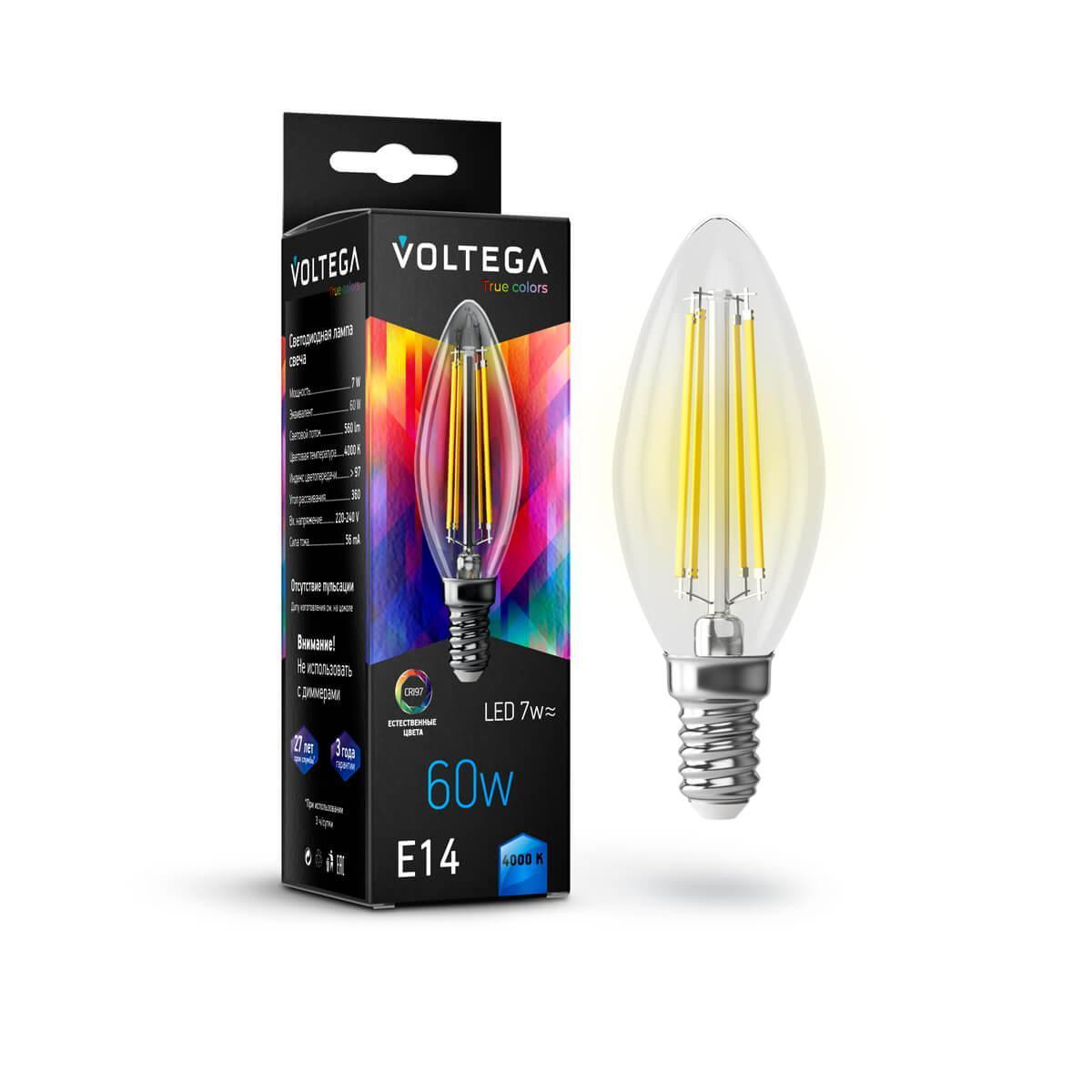 Картинка Лампа светодиодная Voltega E14 7W 4000K прозрачная VG10-C35E14cold7W-FHR 7153