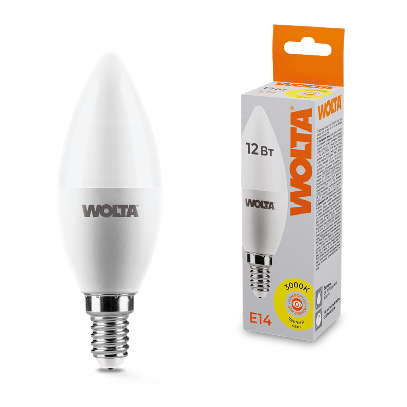 Светодиодная лампа WOLTA 25YC12E14  Свеча  C37 12Вт 1050лм 3000К Е14 1/50 купить в Алматы svet.kz