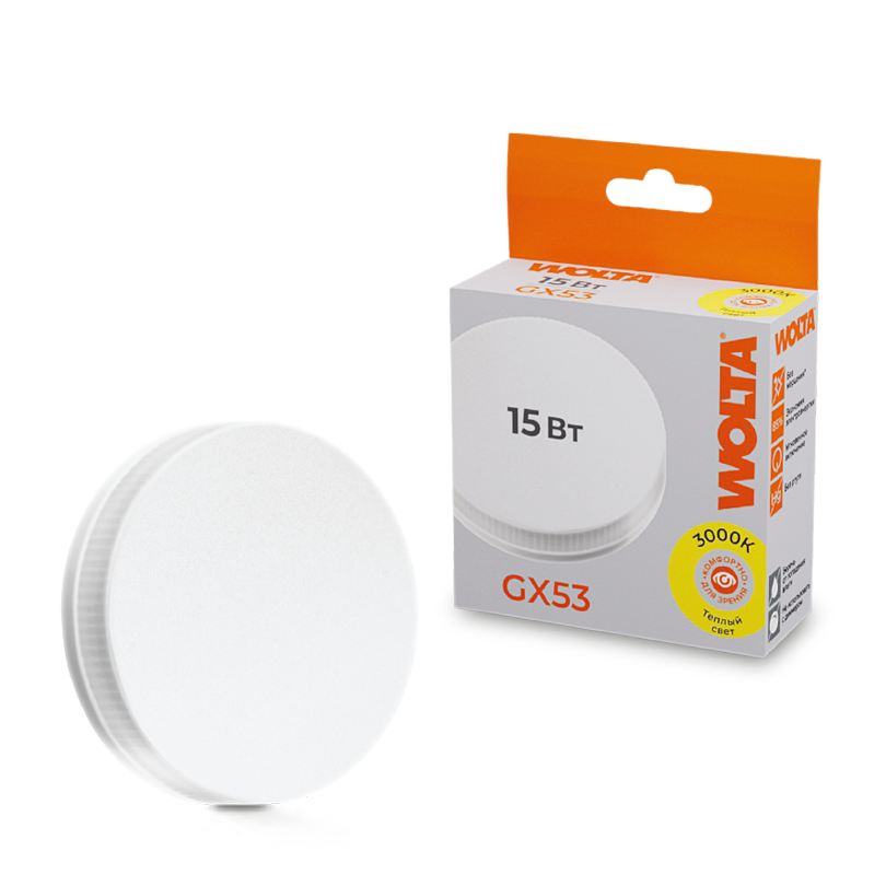 Светодиодная лампа WOLTA 25Y75R15GX53  Таблетка  R75 15Вт 1200лм 3000К GX53 1/100 купить в Алматы svet.kz