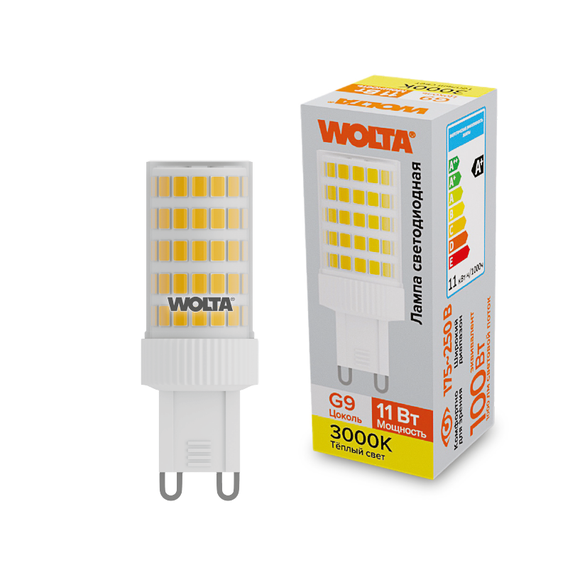 Картинка Светодиодная лампа  WOLTA WSTD-JCD-11W3KG9-C "Капсульная" JCD 11Вт 1000лм 3000K G9 1/10/100/500