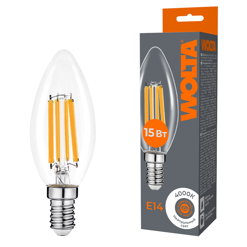Светодиодная лампа WOLTA FILAMENT WF-C35-15W4KE14 15Вт 4000K Е14 купить в Алматы svet.kz