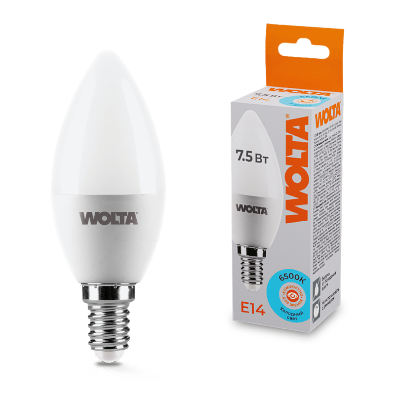 Картинка Светодиодная лампа WOLTA 25WC7.5E14   Свеча   C37 7.5Вт 625лм 6500К Е14 1/50
