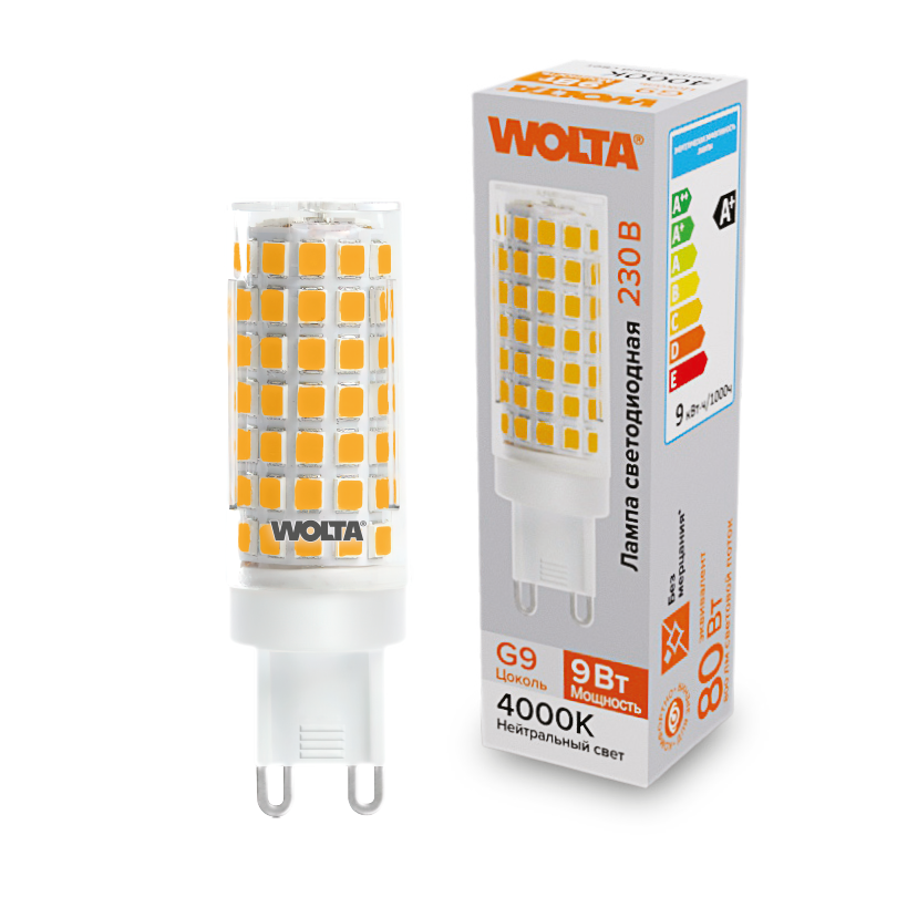 Картинка "Светодиодная лампа  WOLTA WSTD-JCD-9W4KG9-C (керамика) ""Капсульная"" JCD 9Вт 800лм 4000K G9 1/10/100/1000"