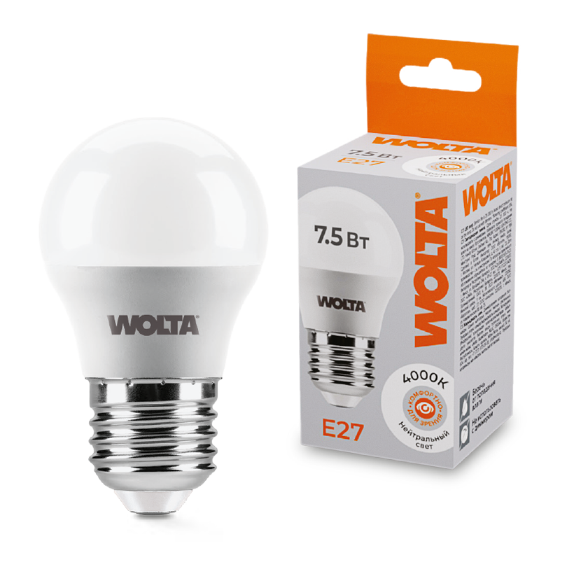 Картинка Лампа LED WOLTA G45 7.5Вт 625лм  Е27 4000К   1/50