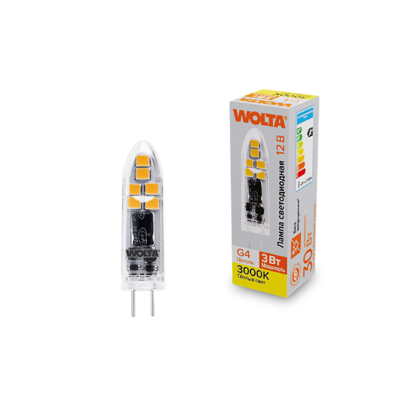 Картинка "Светодиодная лампа  WOLTA WSTD-JC-12V3W3KG4-P (пластик) ""Капсульная"" JC 3Вт 240лм 3000K G4 1/10/100/1000"