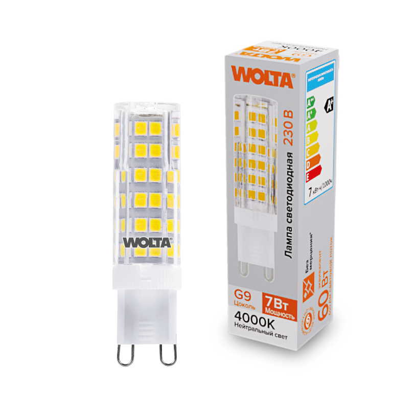 Картинка "Светодиодная лампа  WOLTA WSTD-JCD-7W4KG9-C (керамика) ""Капсульная"" JCD 7Вт 600лм 4000K G9 1/10/100/1000"