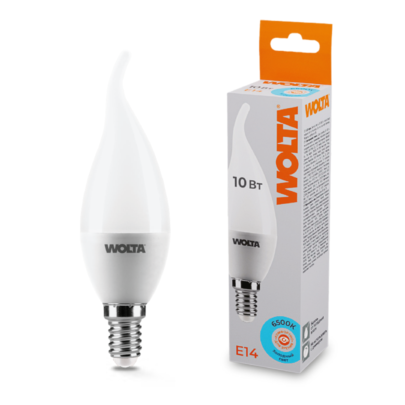 Картинка Светодиодная лампа WOLTA 25WCD10E14   Свеча на ветру   CD37 10Вт 825лм 6500К Е14  1/50