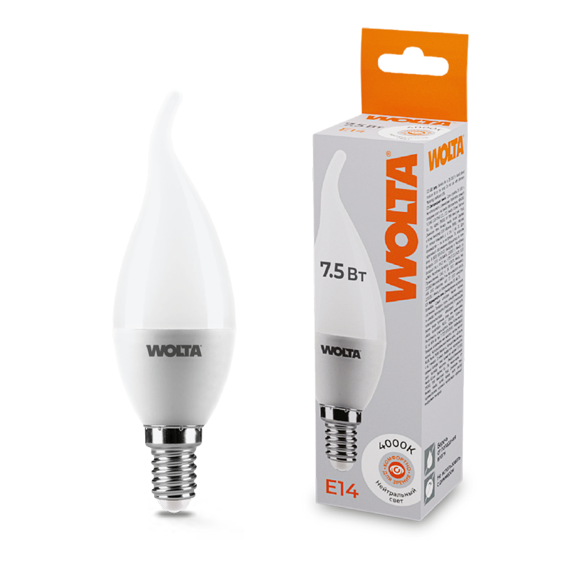Картинка Светодиодная лампа WOLTA 25SCD7.5E14   Свеча на ветру   CD37 7.5Вт 625лм 4000К Е14 4000К   1/50