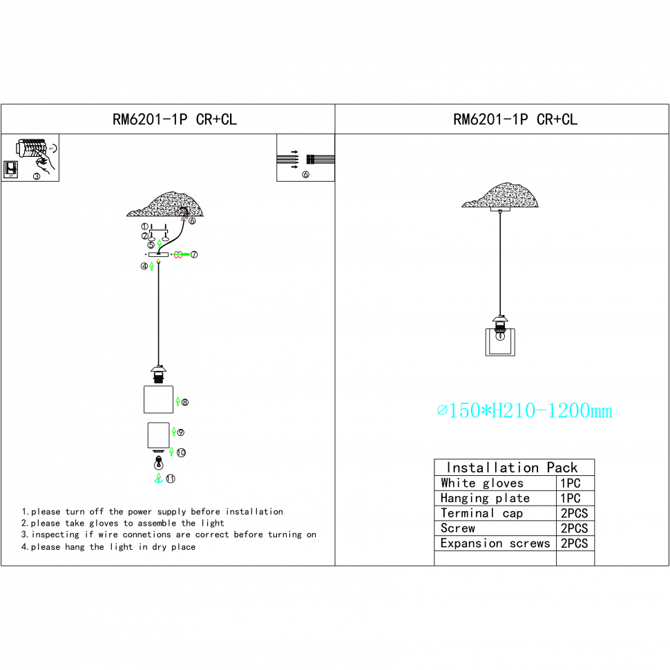 Картинка Светильник подвесной iLamp King RM6201-1P CR+CL