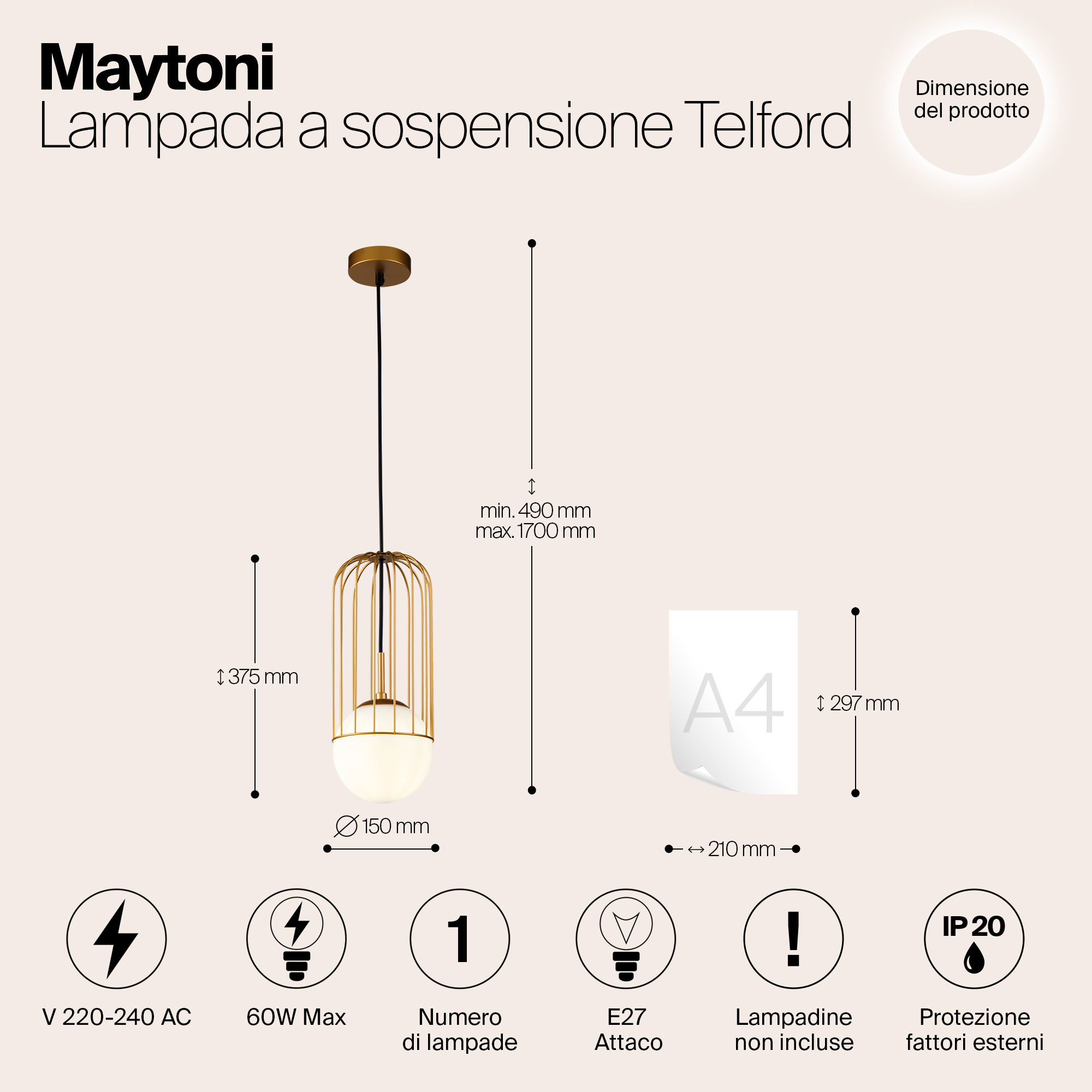 Дополнительная картинка Подвесной светильник Maytoni Telford P362PL-01G