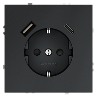 Розетка встраиваемая VOLTUM S70 с заземлением и защитными шторками, 16А, с USB, A+С, (графит) VLS040507 
