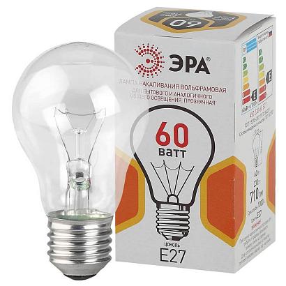 Лампа накаливания ЭРА E27 60W 2700K прозрачная A50 60-230-Е27-CL Б0039122 купить в Алматы svet.kz